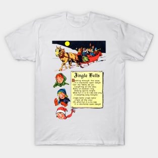 Jingle Bells Marry Christmas horse with sleigh in the snow under the moon Retro Vintage Comic T-Shirt